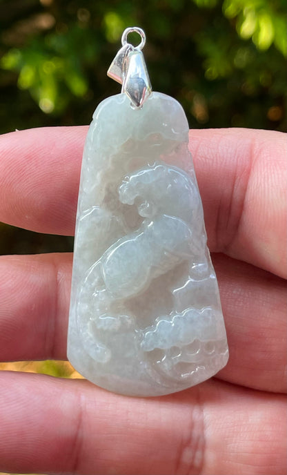 Natural Burmese Jadeite Jade Pendant – Milky White & Apple Green – Hand-Carved Lion Motif – JP090