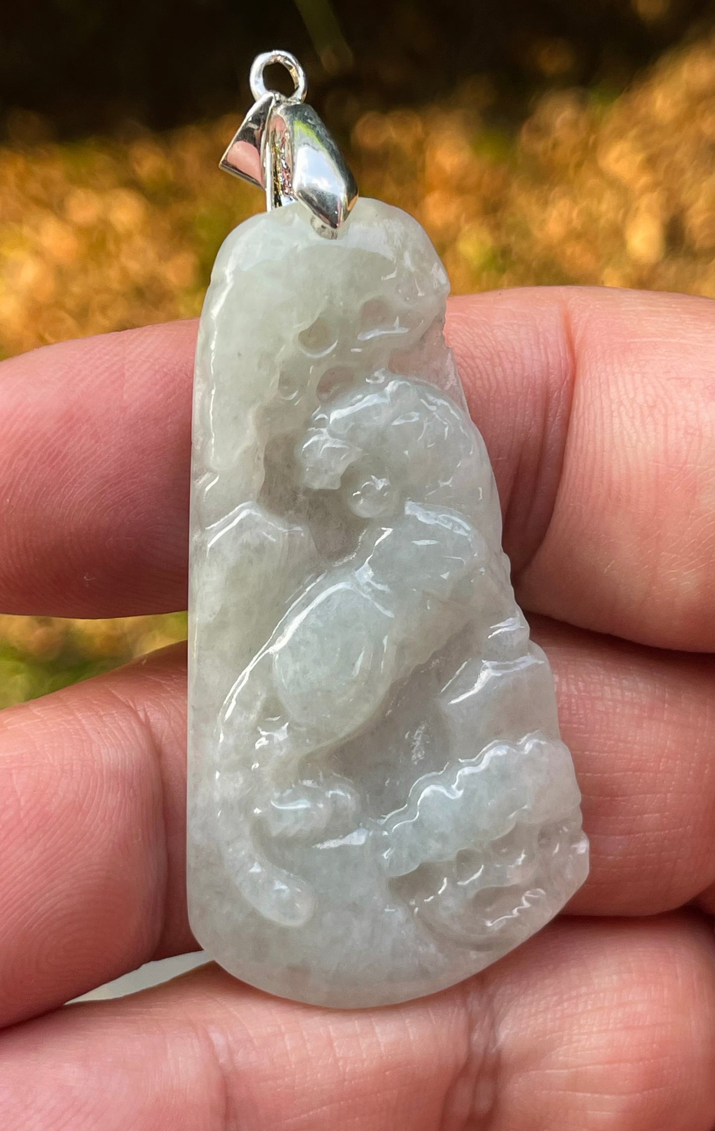 Natural Burmese Jadeite Jade Pendant – Milky White & Apple Green – Hand-Carved Lion Motif – JP090