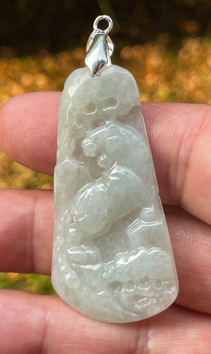Natural Burmese Jadeite Jade Pendant – Milky White & Apple Green – Hand-Carved Lion Motif – JP090