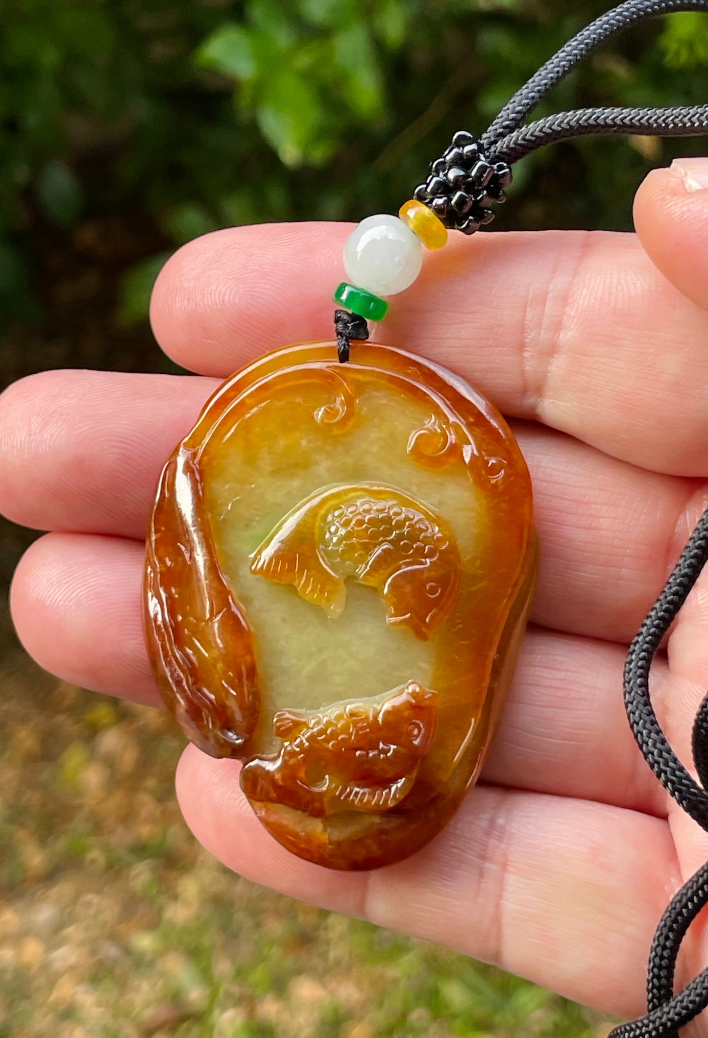 Natural Certified Burmese Jadeite Jade Pendant – Orange & Olive Green – Hand-Carved Twin Fish Motif – Necklace Included – JP080