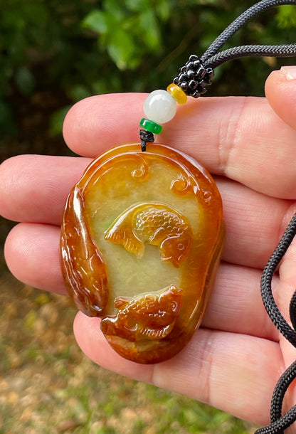 Natural Certified Burmese Jadeite Jade Pendant – Orange & Olive Green – Hand-Carved Twin Fish Motif – Necklace Included – JP080
