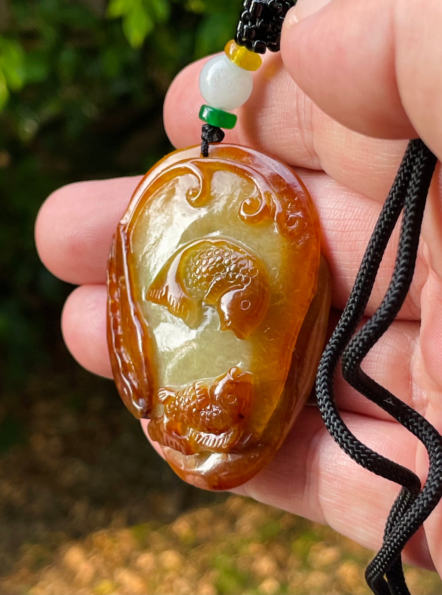 Natural Certified Burmese Jadeite Jade Pendant – Orange & Olive Green – Hand-Carved Twin Fish Motif – Necklace Included – JP080