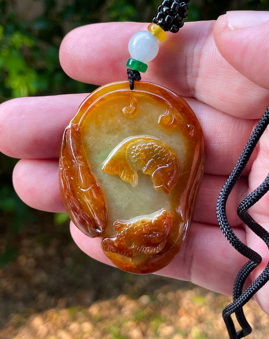 Natural Grade A Certified Burmese Jadeite Jade Pendant – Orange & Olive Green – Hand-Carved Twin Fish Motif – Necklace Included – JP080