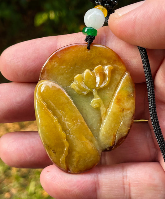 Natural Certified Burmese Jadeite Jade Pendant – Orange & Olive Green – Hand-Carved Twin Fish Motif – Necklace Included – JP080