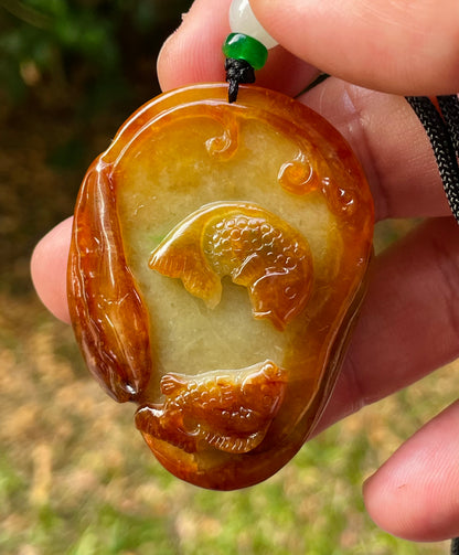 Natural Certified Burmese Jadeite Jade Pendant – Orange & Olive Green – Hand-Carved Twin Fish Motif – Necklace Included – JP080