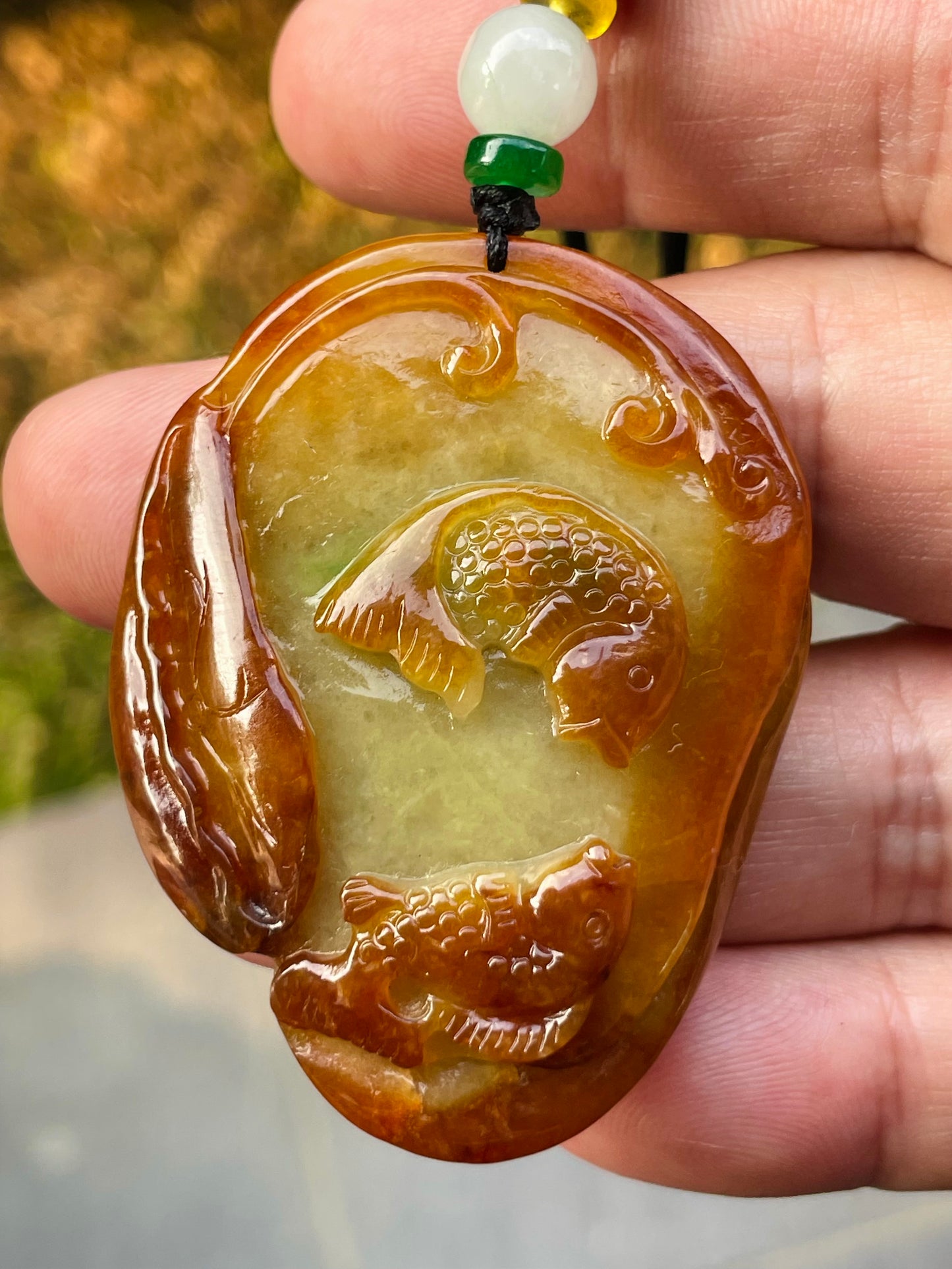 Natural Certified Burmese Jadeite Jade Pendant – Orange & Olive Green – Hand-Carved Twin Fish Motif – Necklace Included – JP080