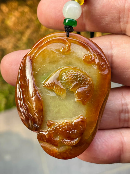 Natural Certified Burmese Jadeite Jade Pendant – Orange & Olive Green – Hand-Carved Twin Fish Motif – Necklace Included – JP080