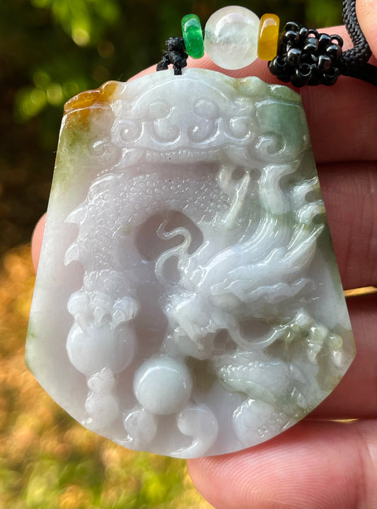 Natural Grade A Certified Burmese Jadeite Jade Pendant – Green & Milky White – Hand-Carved Dragon Motif – Necklace Included – JP081