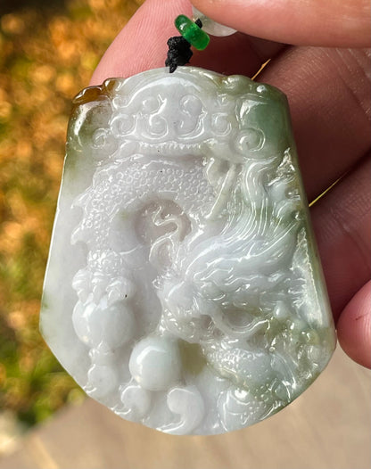 Natural Certified Burmese Jadeite Jade Pendant – Green & Milky White – Hand-Carved Dragon Motif – Necklace Included – JP081