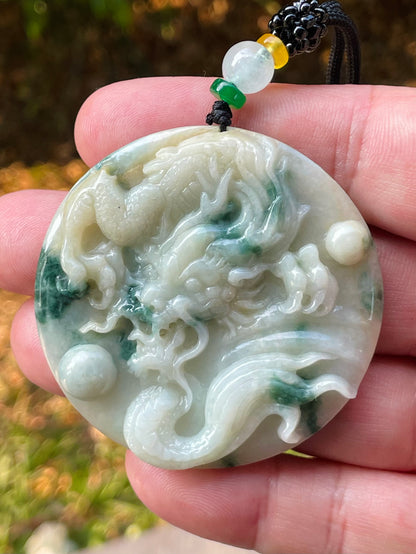 Natural Certified Burmese Jadeite Jade Pendant – Green & Milky White – Hand-Carved Dragon Motif – Necklace Included – JP082