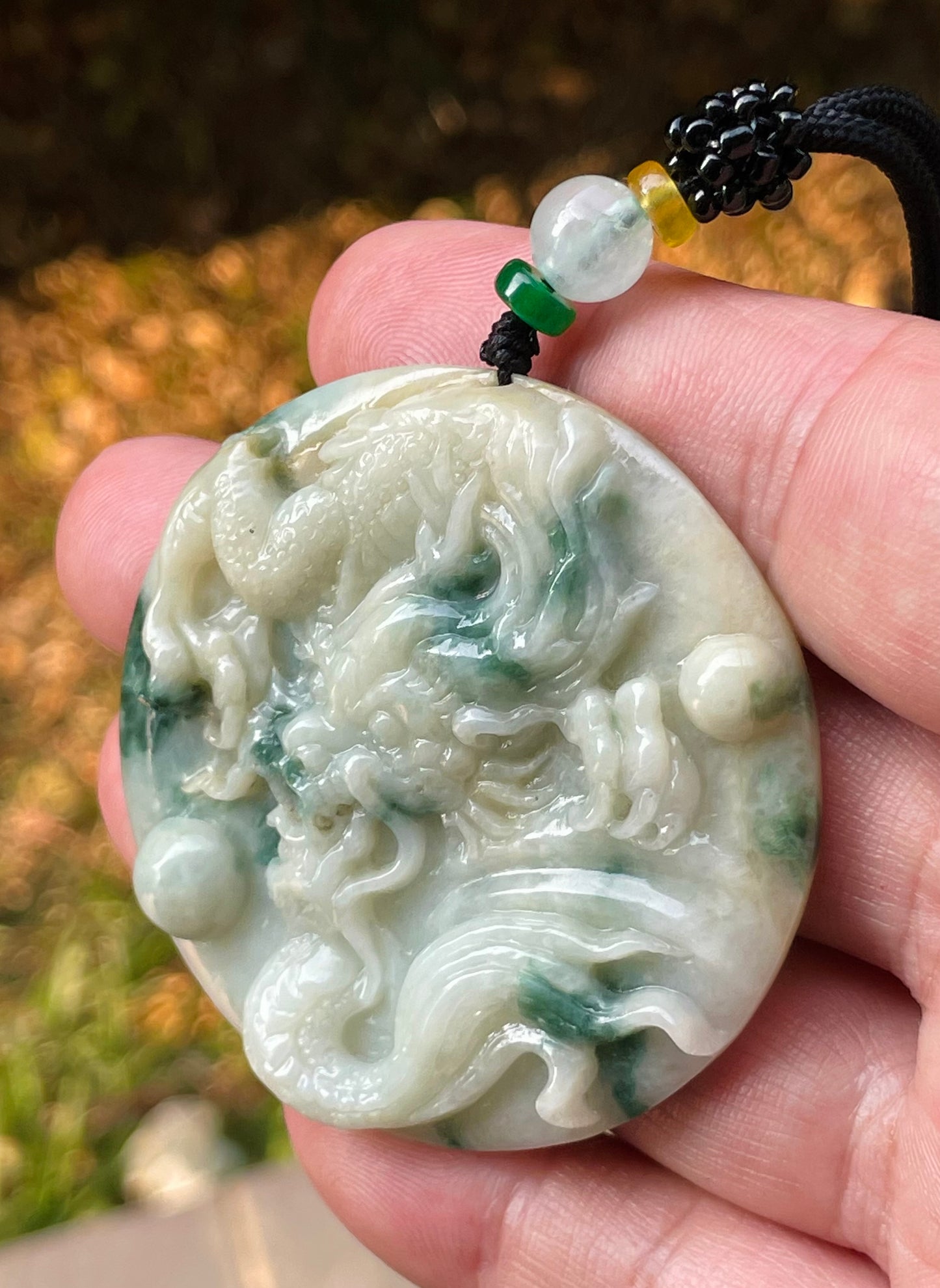 Natural Certified Burmese Jadeite Jade Pendant – Green & Milky White – Hand-Carved Dragon Motif – Necklace Included – JP082