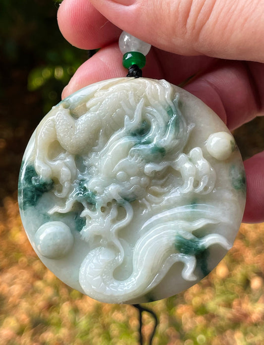 Natural Grade A Certified Burmese Jadeite Jade Pendant – Green & Milky White – Hand-Carved Dragon Motif – Necklace Included – JP082