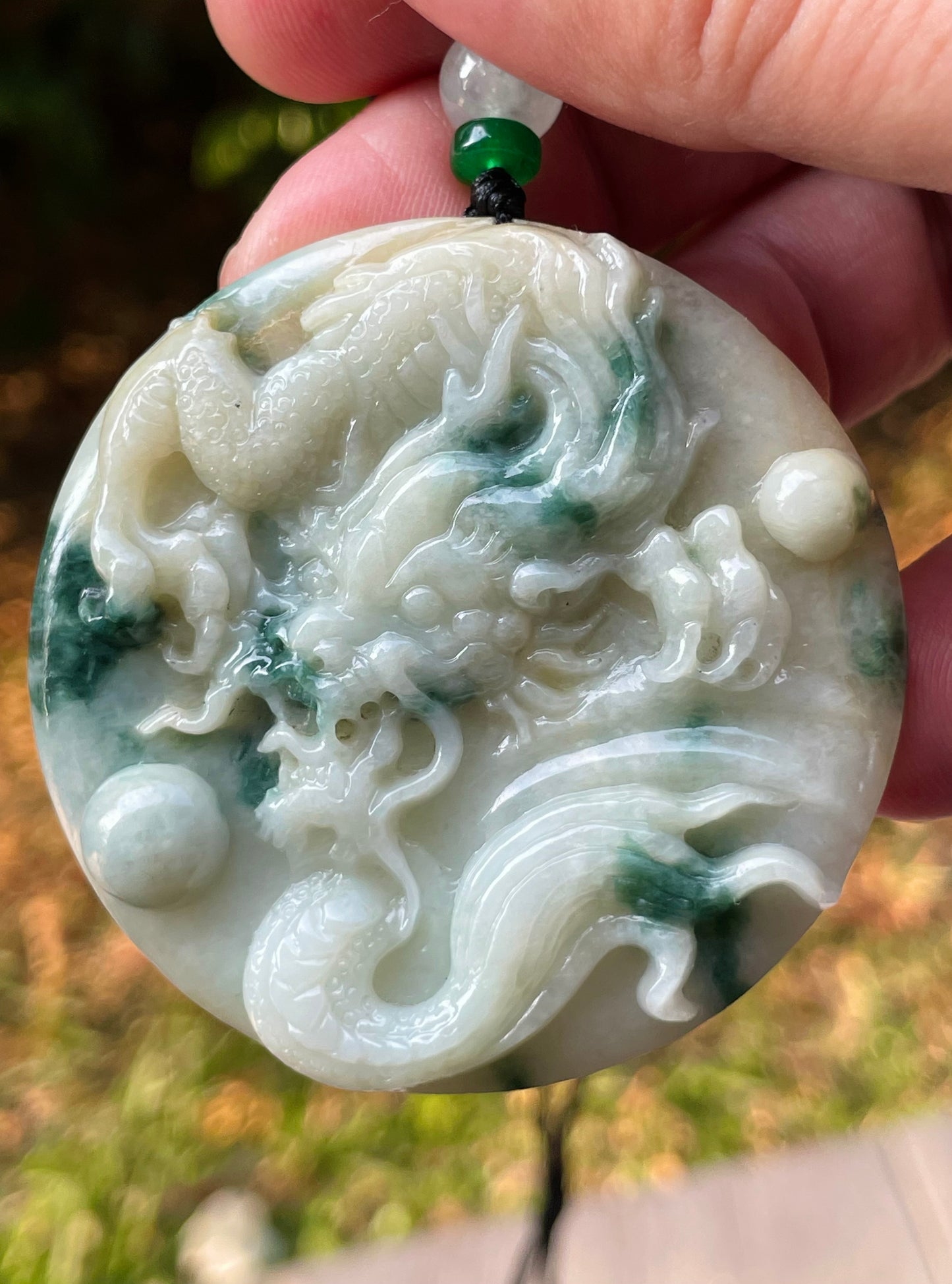 Natural Certified Burmese Jadeite Jade Pendant – Green & Milky White – Hand-Carved Dragon Motif – Necklace Included – JP082