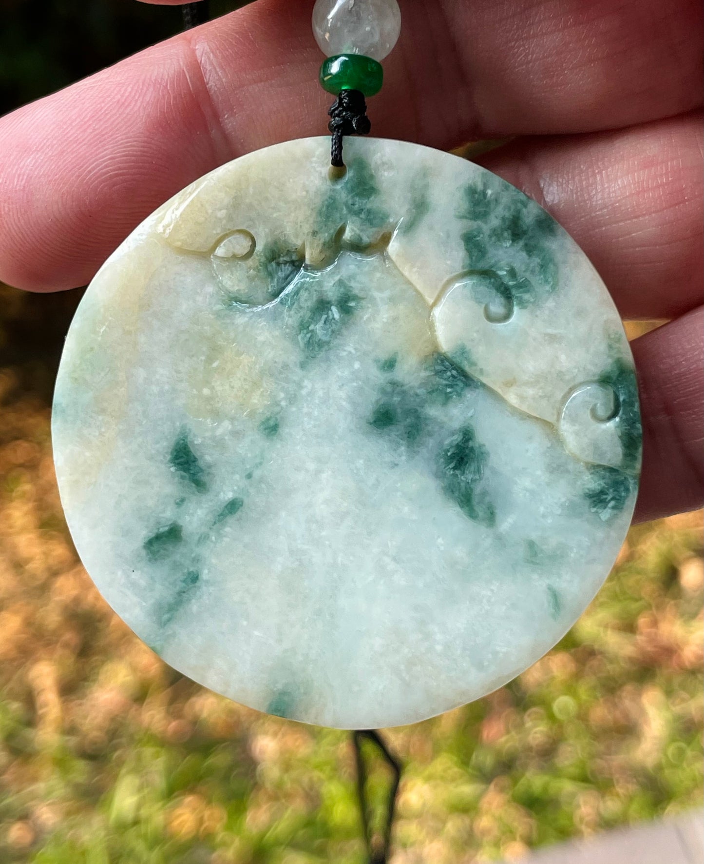 Natural Certified Burmese Jadeite Jade Pendant – Green & Milky White – Hand-Carved Dragon Motif – Necklace Included – JP082