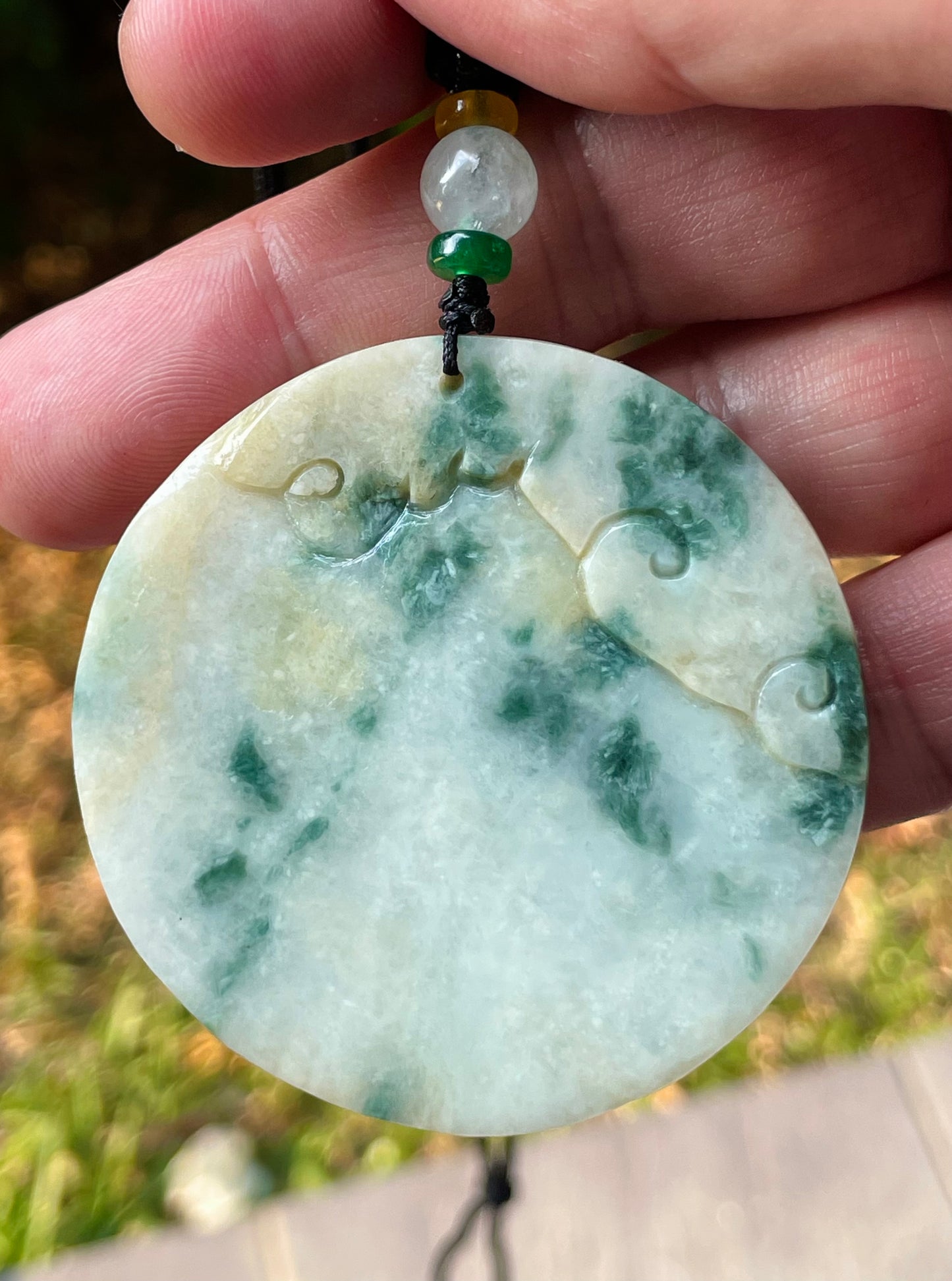 Natural Certified Burmese Jadeite Jade Pendant – Green & Milky White – Hand-Carved Dragon Motif – Necklace Included – JP082