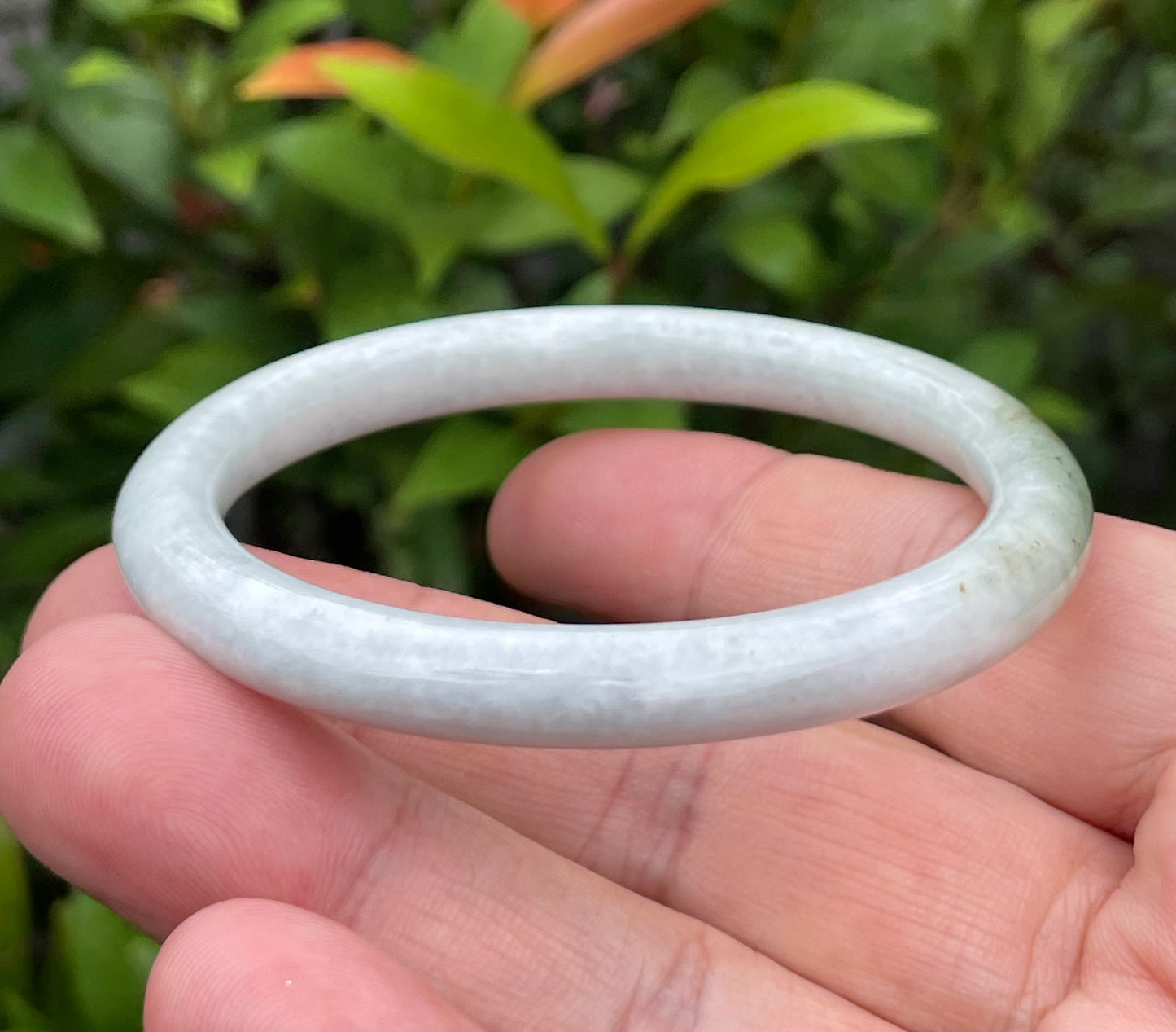 Natural Burmese Jadeite Jade Bangle – Icy Milky White & Moss Green – Princess Cut – 55.9mm – JB871