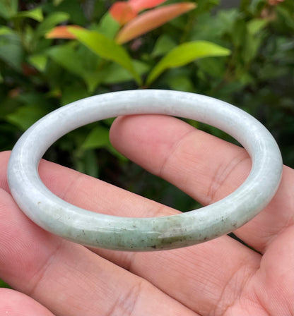 Natural Burmese Jadeite Jade Bangle – Icy Milky White & Moss Green – Princess Cut – 55.9mm – JB871