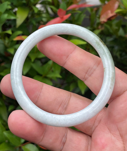 Natural Burmese Jadeite Jade Bangle – Icy Milky White & Moss Green – Princess Cut – 55.9mm – JB871