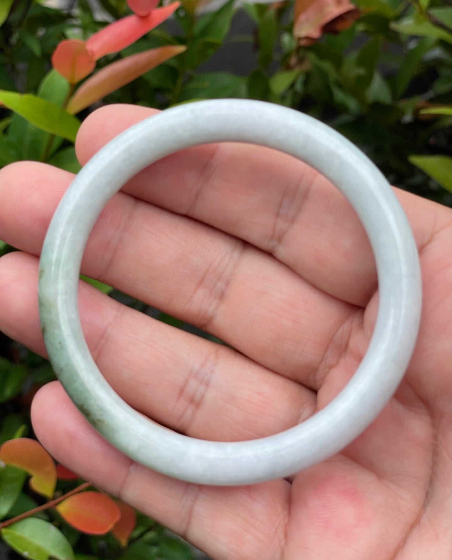 Natural Burmese Jadeite Jade Bangle – Icy Milky White & Moss Green – Princess Cut – 55.9mm – JB871