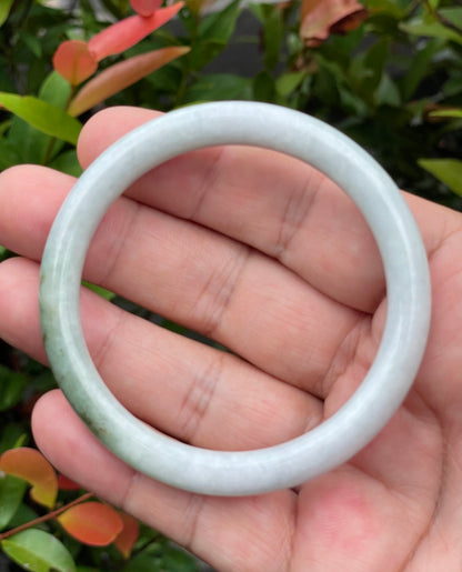 Natural Burmese Jadeite Jade Bangle – Icy Milky White & Moss Green – Princess Cut – 55.9mm – JB871