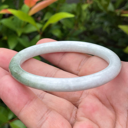 Natural Burmese Jadeite Jade Bangle – Icy Milky White & Moss Green – Princess Cut – 55.9mm – JB871