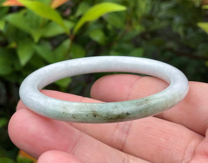 Natural Burmese Jadeite Jade Bangle – Icy Milky White & Moss Green – Princess Cut – 55.9mm – JB871