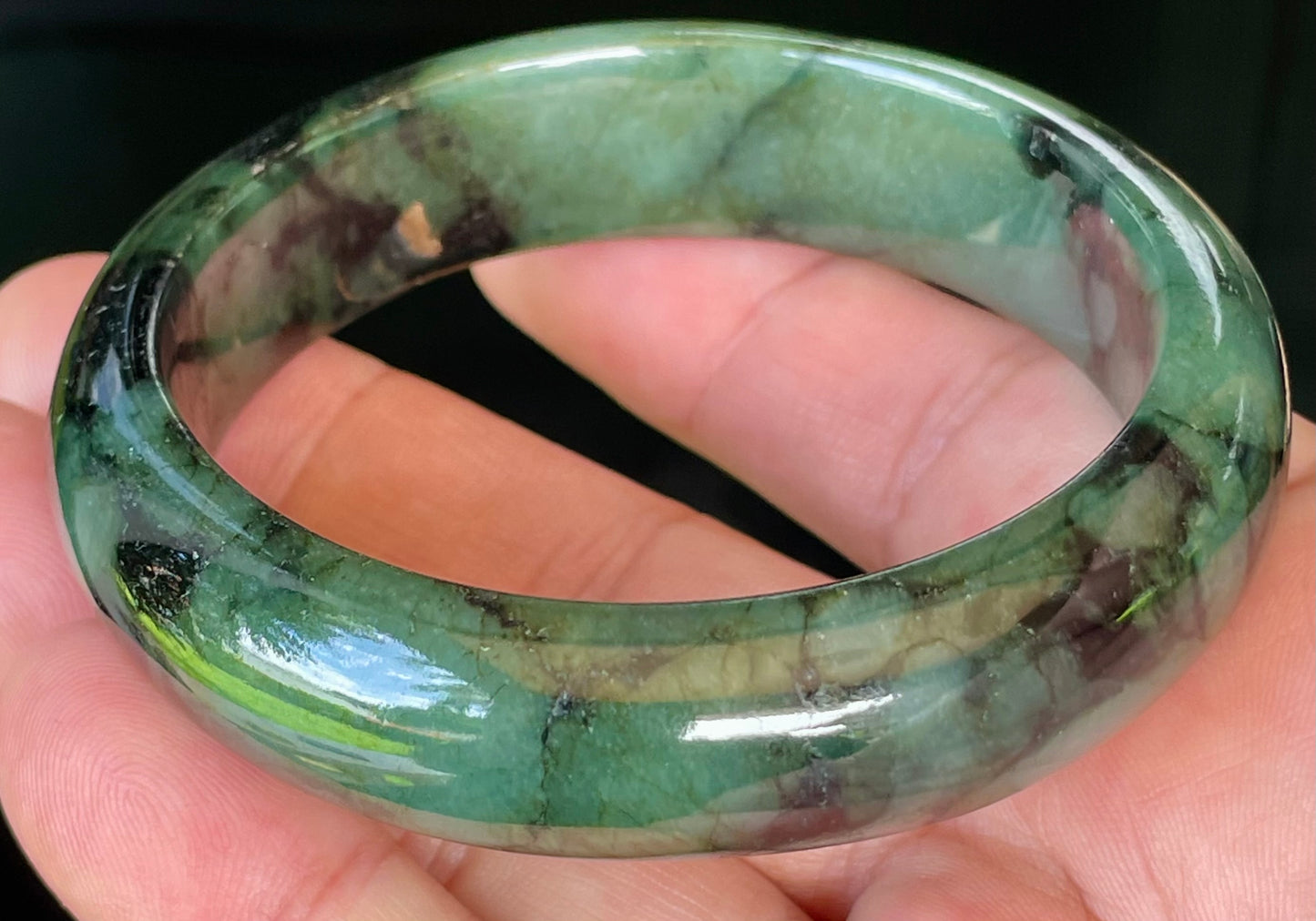 Natural Burmese Jadeite Jade Bangle – Icy Forest & Apple Green with Black Tones – 58mm – JB440