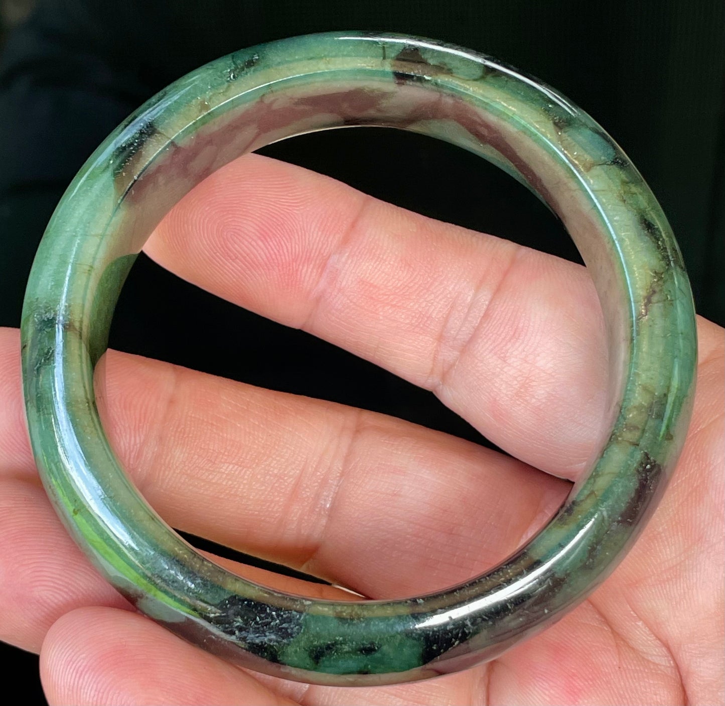 Natural Burmese Jadeite Jade Bangle – Icy Forest & Apple Green with Black Tones – 58mm – JB440