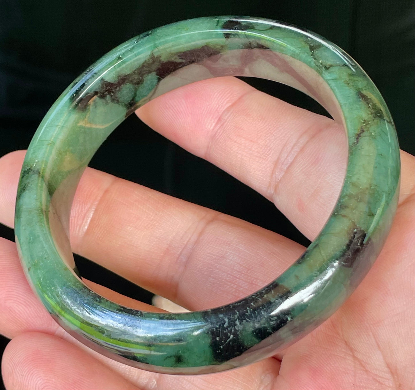 Natural Burmese Jadeite Jade Bangle – Icy Forest & Apple Green with Black Tones – 58mm – JB440