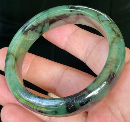 Natural Burmese Jadeite Jade Bangle – Icy Forest & Apple Green with Black Tones – 58mm – JB440