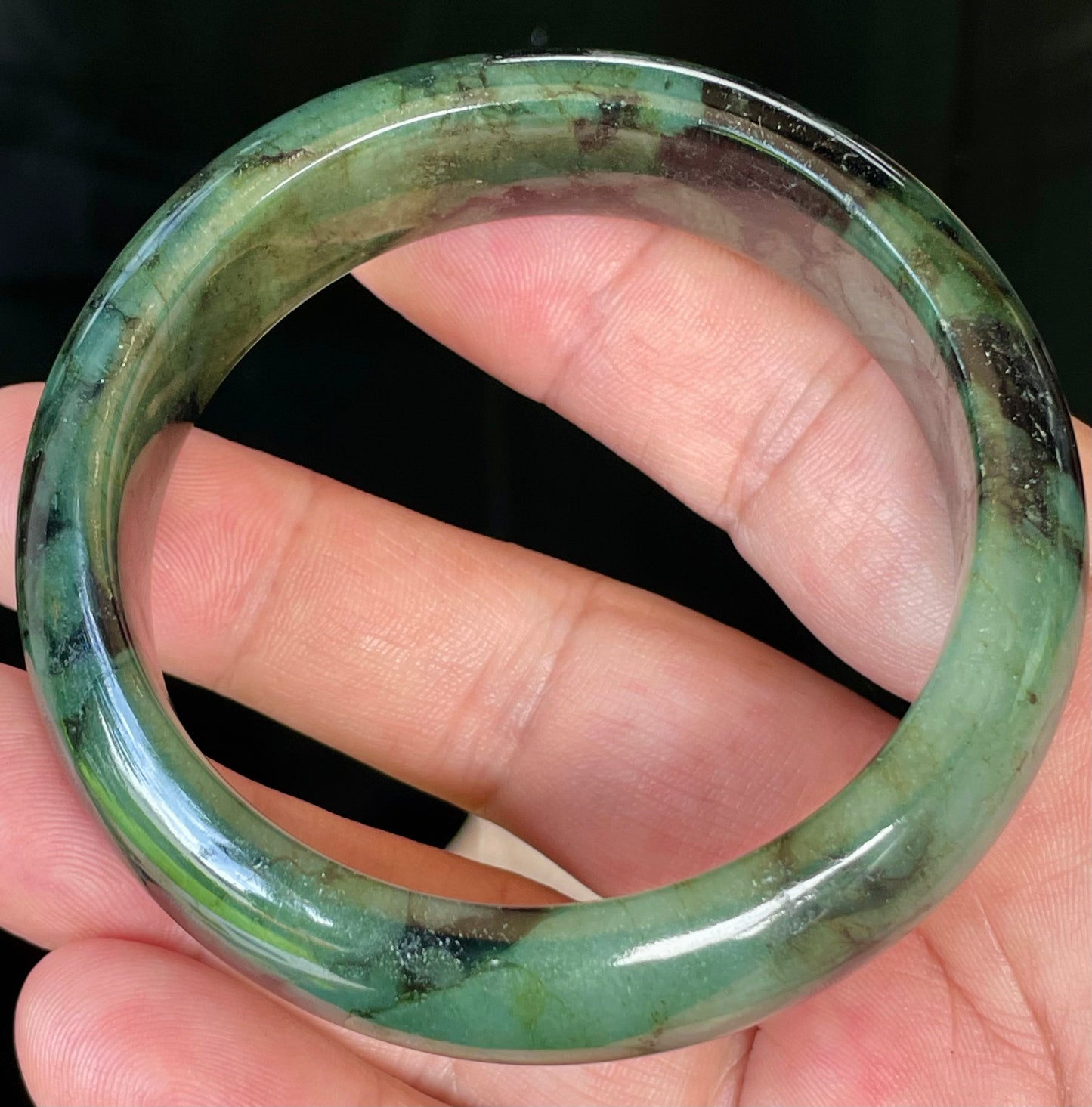Natural Burmese Jadeite Jade Bangle – Icy Forest & Apple Green with Black Tones – 58mm – JB440