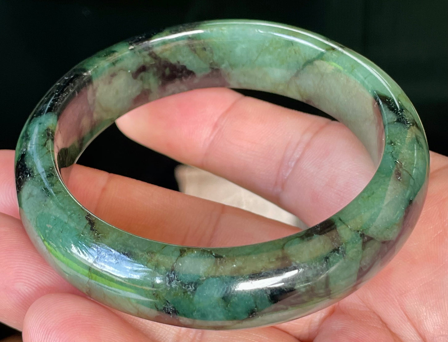 Natural Burmese Jadeite Jade Bangle – Icy Forest & Apple Green with Black Tones – 58mm – JB440