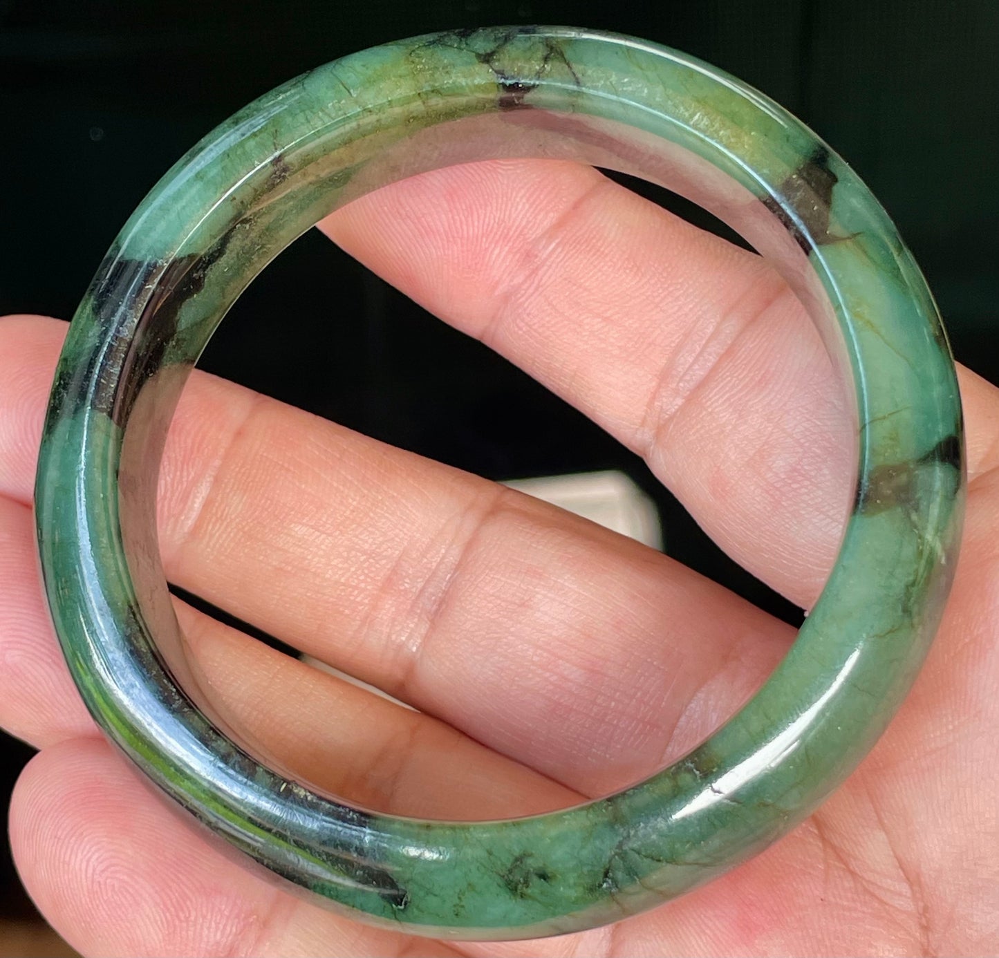 Natural Burmese Jadeite Jade Bangle – Icy Forest & Apple Green with Black Tones – 58mm – JB440