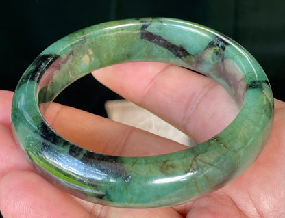 Natural Burmese Jadeite Jade Bangle – Icy Forest & Apple Green with Black Tones – 58mm – JB440