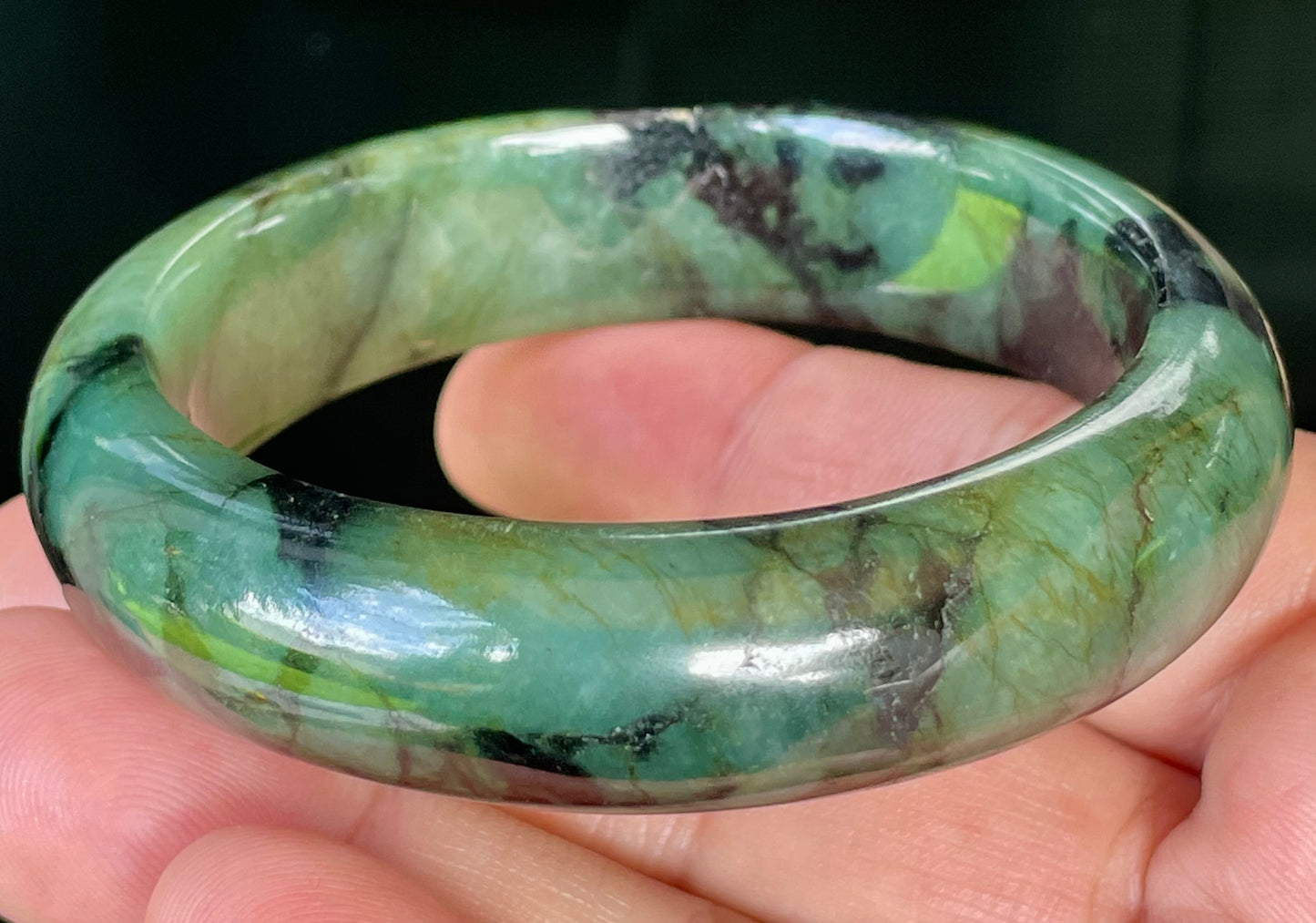 Natural Burmese Jadeite Jade Bangle – Icy Forest & Apple Green with Black Tones – 58mm – JB440