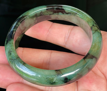 Natural Burmese Jadeite Jade Bangle – Icy Forest & Apple Green with Black Tones – 58mm – JB440