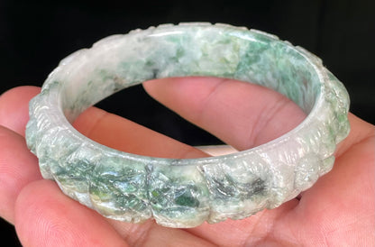 Natural Certified Burmese Jadeite Jade Bangle – Icy Emerald & Imperial Green with Milky White – Hand-Carved Floral Motif – 56mm – JB443