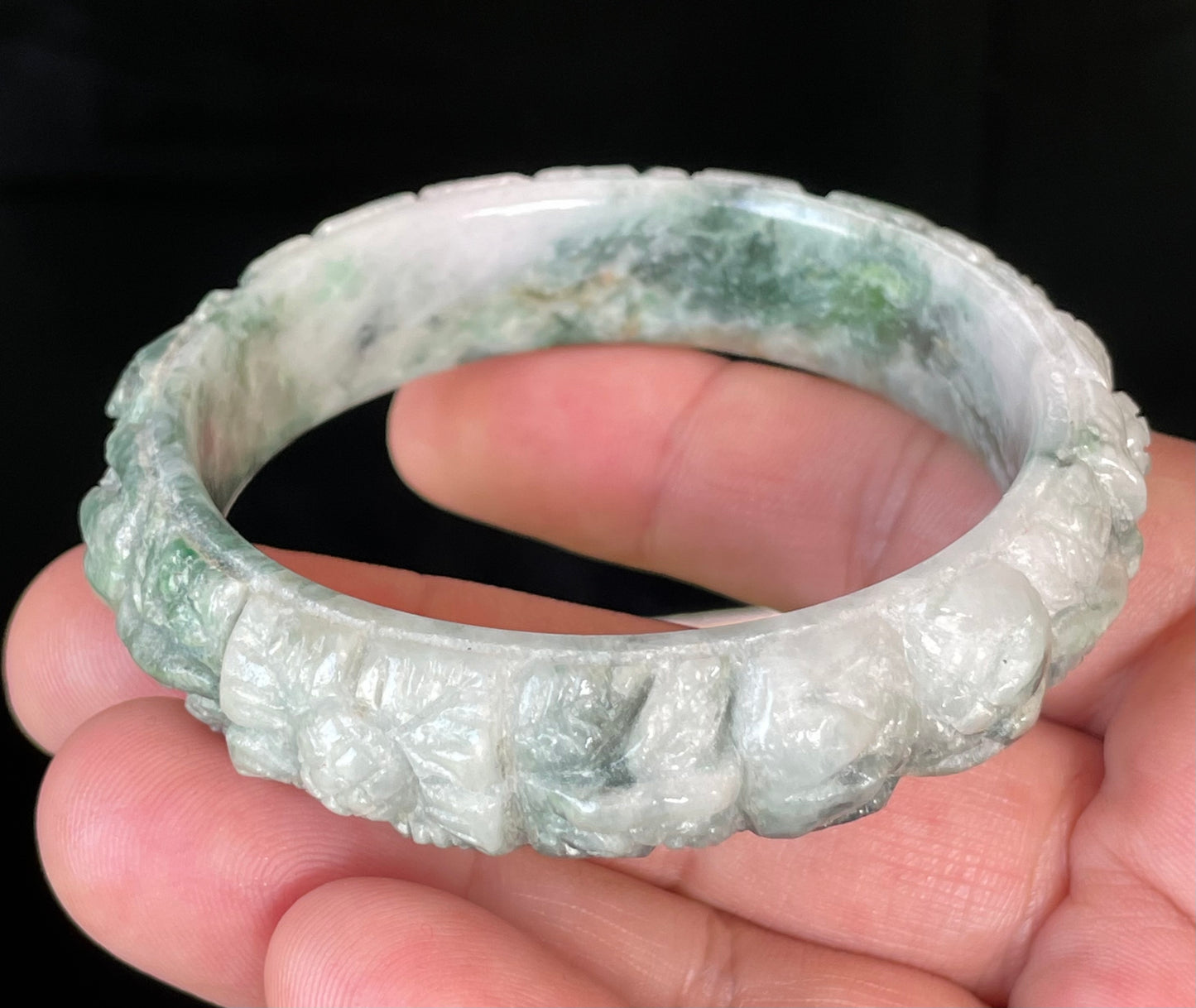 Natural Certified Burmese Jadeite Jade Bangle – Icy Emerald & Imperial Green with Milky White – Hand-Carved Floral Motif – 56mm – JB443