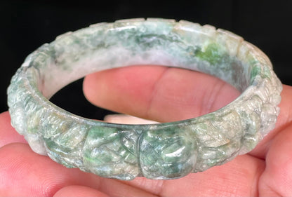 Natural Certified Burmese Jadeite Jade Bangle – Icy Emerald & Imperial Green with Milky White – Hand-Carved Floral Motif – 56mm – JB443