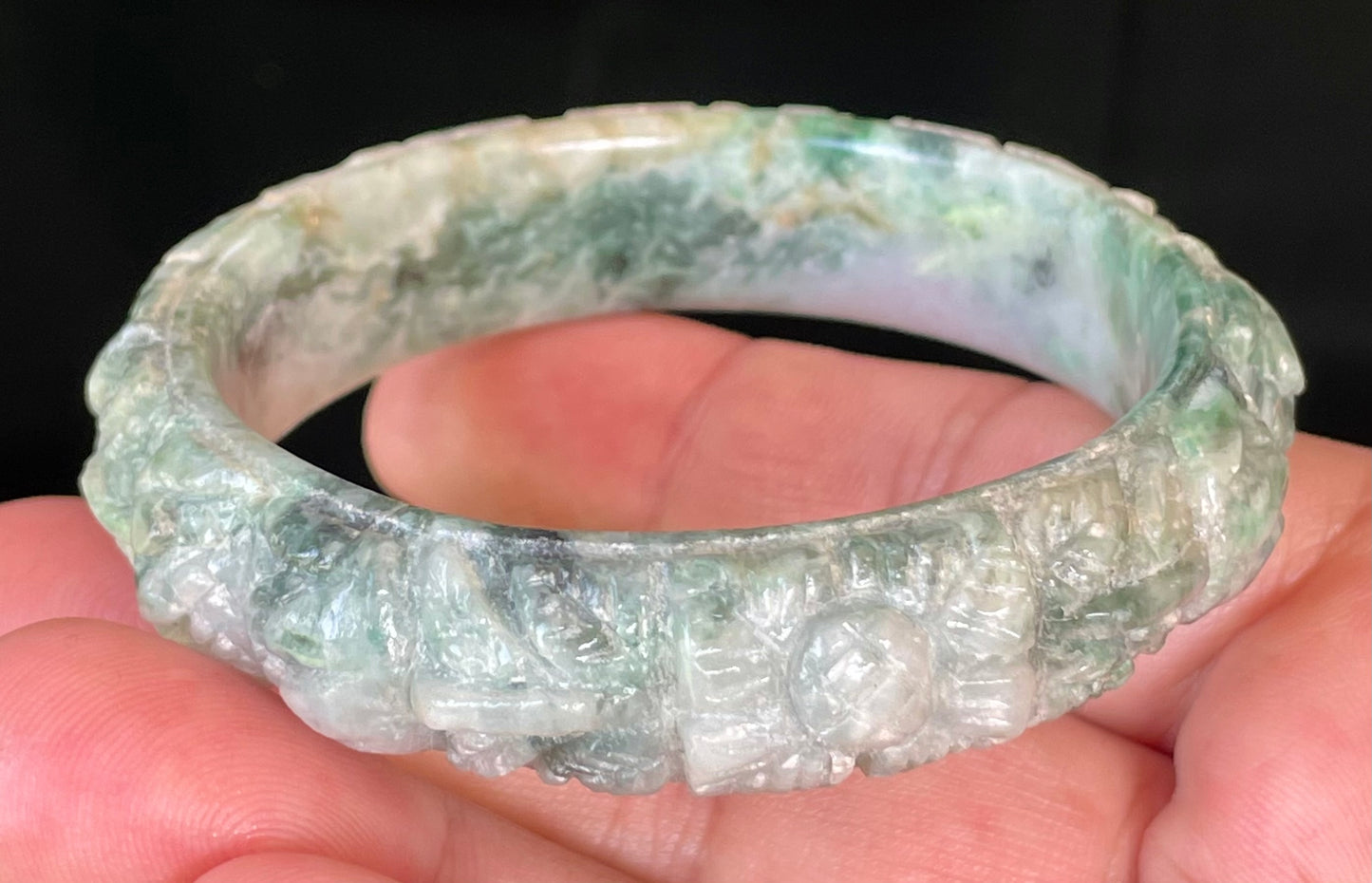 Natural Certified Burmese Jadeite Jade Bangle – Icy Emerald & Imperial Green with Milky White – Hand-Carved Floral Motif – 56mm – JB443