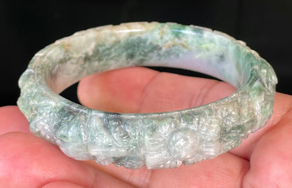 Natural Certified Burmese Jadeite Jade Bangle – Icy Emerald & Imperial Green with Milky White – Hand-Carved Floral Motif – 56mm – JB443