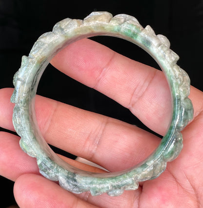 Natural Certified Burmese Jadeite Jade Bangle – Icy Emerald & Imperial Green with Milky White – Hand-Carved Floral Motif – 56mm – JB443
