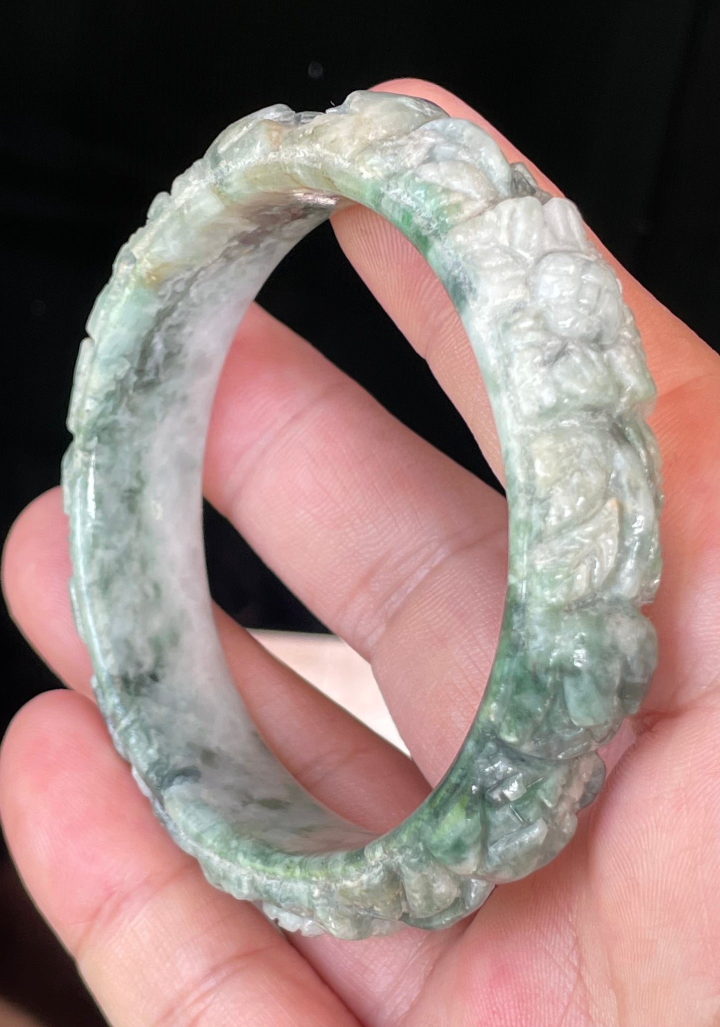 Natural Certified Burmese Jadeite Jade Bangle – Icy Emerald & Imperial Green with Milky White – Hand-Carved Floral Motif – 56mm – JB443