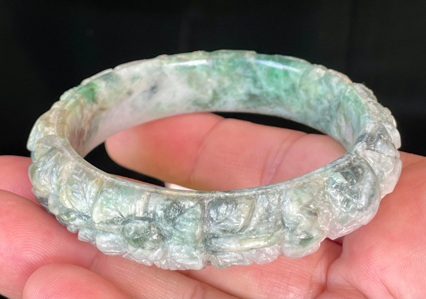 Natural Certified Burmese Jadeite Jade Bangle – Icy Emerald & Imperial Green with Milky White – Hand-Carved Floral Motif – 56mm – JB443