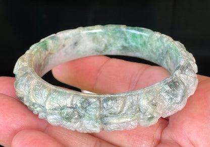 Natural Certified Burmese Jadeite Jade Bangle – Icy Emerald & Imperial Green with Milky White – Hand-Carved Floral Motif – 56mm – JB443