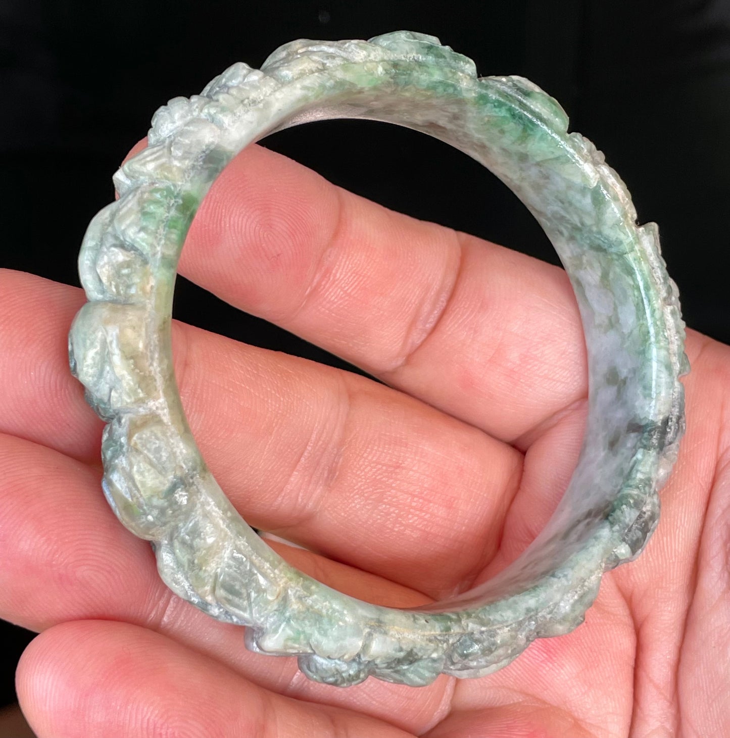 Natural Certified Burmese Jadeite Jade Bangle – Icy Emerald & Imperial Green with Milky White – Hand-Carved Floral Motif – 56mm – JB443