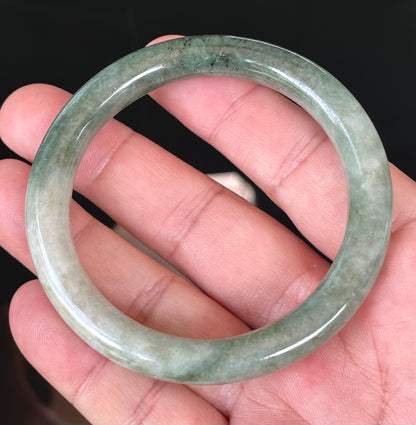 Natural Burmese Jadeite Jade Bangle – Icy Apple Green & Milky White – Princess Cut – 56.8mm – JB403