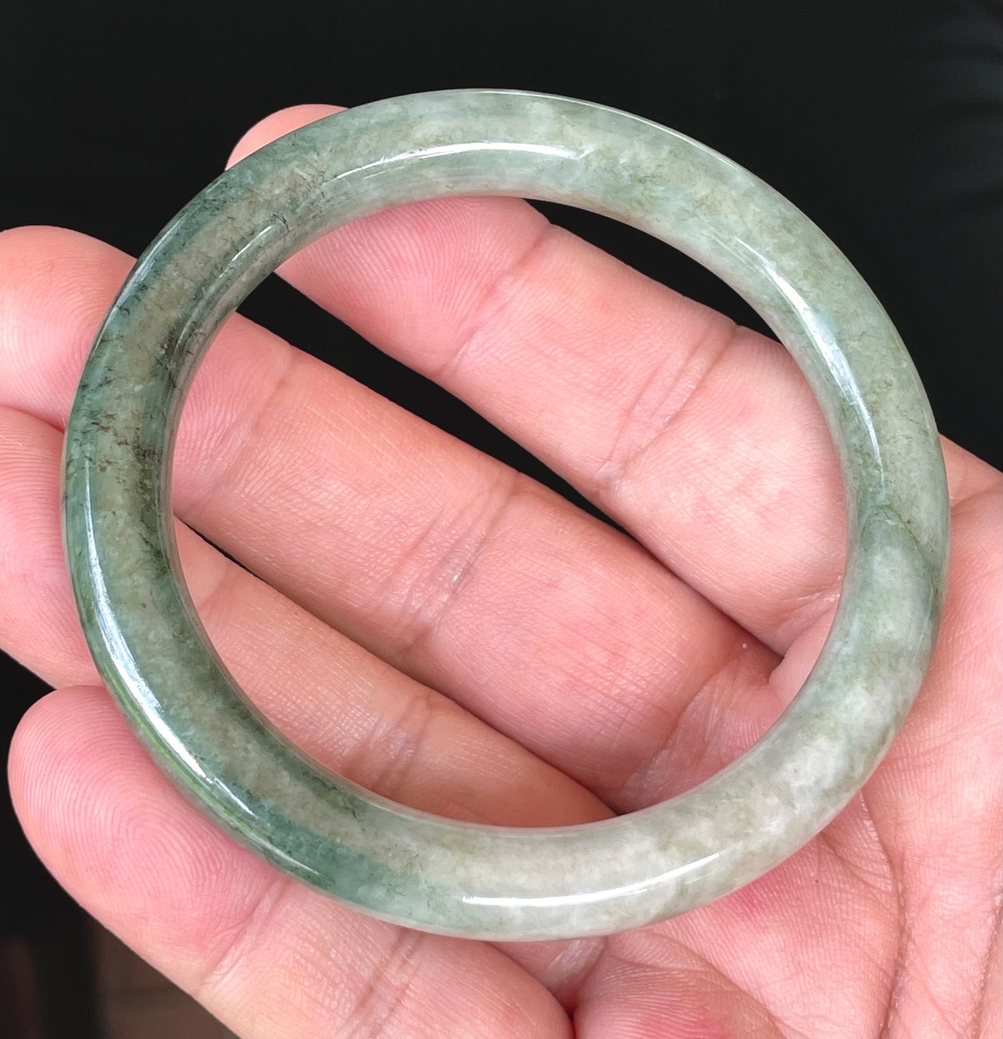 Natural Burmese Jadeite Jade Bangle – Icy Apple Green & Milky White – Princess Cut – 56.8mm – JB403