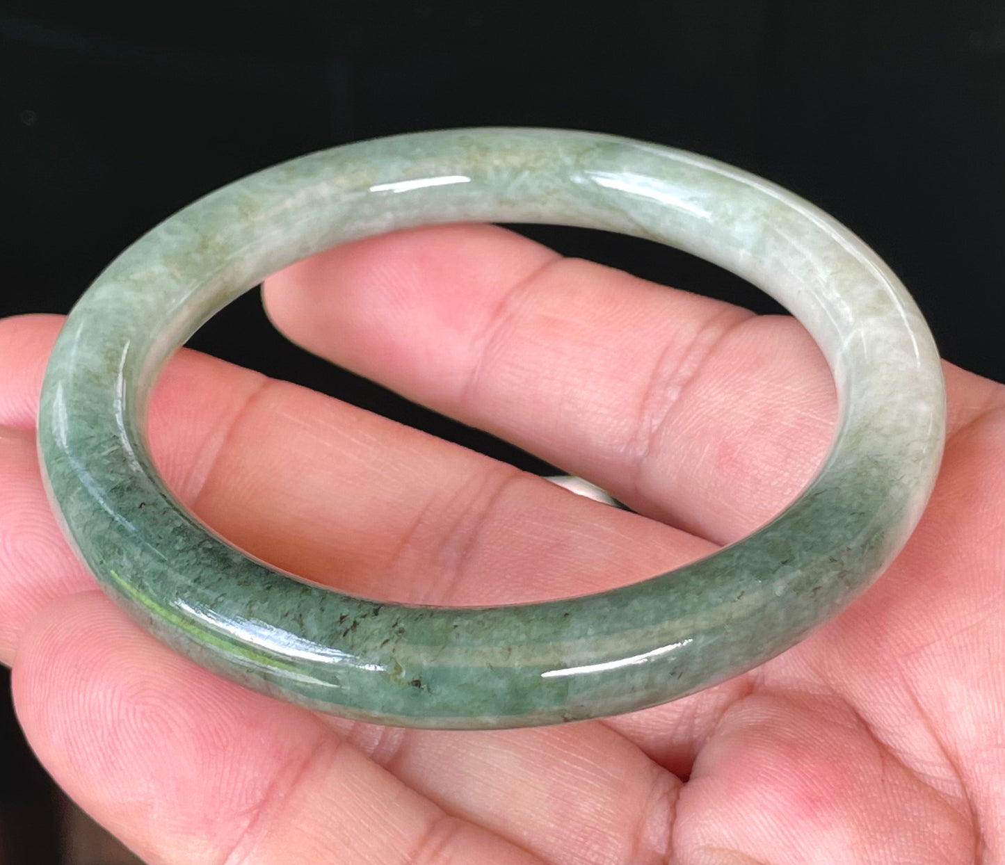 Natural Burmese Jadeite Jade Bangle – Icy Apple Green & Milky White – Princess Cut – 56.8mm – JB403