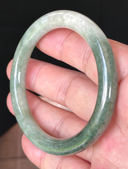 Natural Burmese Jadeite Jade Bangle – Icy Apple Green & Milky White – Princess Cut – 56.8mm – JB403